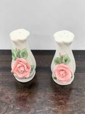 Vintage Porcelain White Salt & Pepper Shakers w/ Molded Pink Rose & Green Leaves